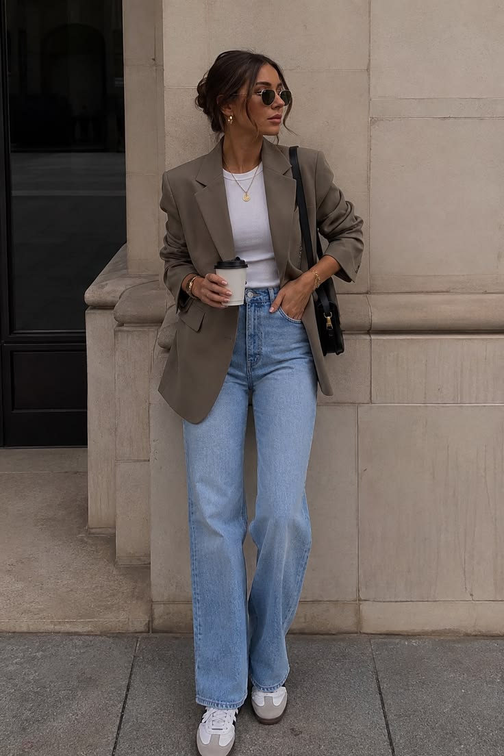 20 Casual Blazer Outfits That Make Everyday Style Look Instantly Chic - 17. Taupe Blazer, White Tank, and Light Jeans 1