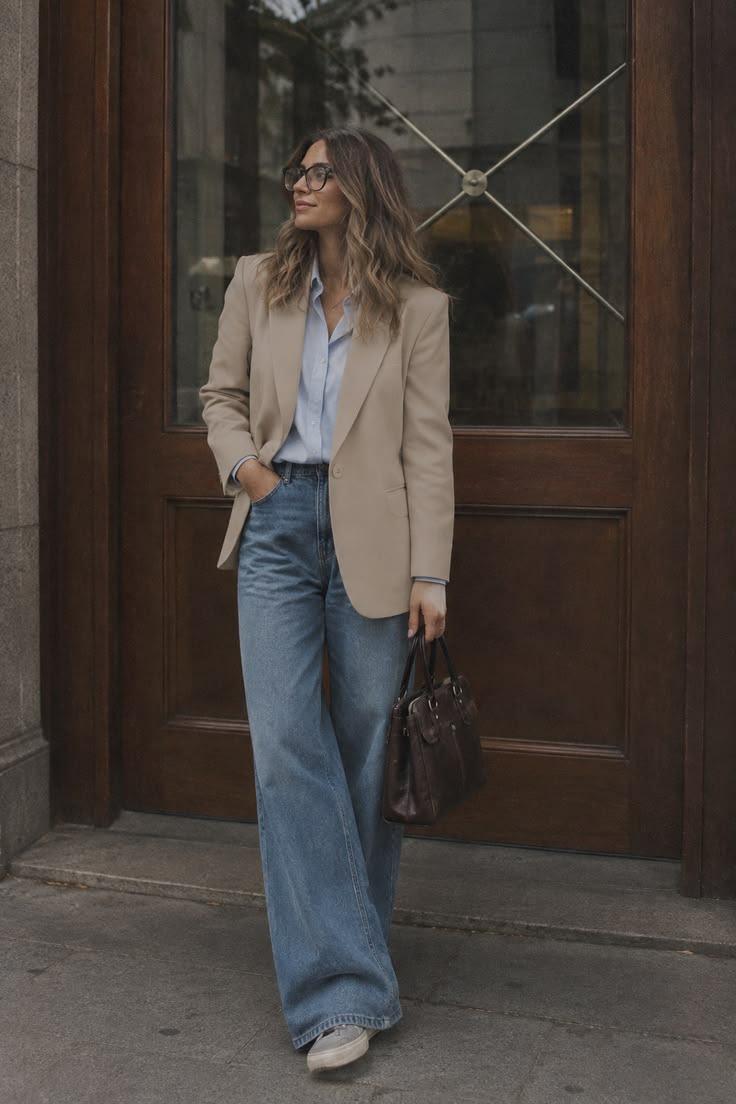 20 Casual Blazer Outfits That Make Everyday Style Look Instantly Chic - 18. Beige Blazer with Blue Shirt and Wide Denim 1