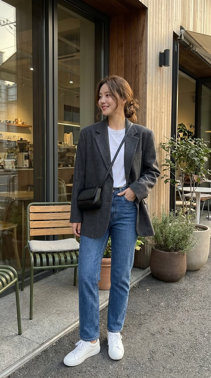 20 Casual Blazer Outfits That Make Everyday Style Look Instantly Chic - 19. Charcoal Blazer and White Sneakers for Coffee Runs 1