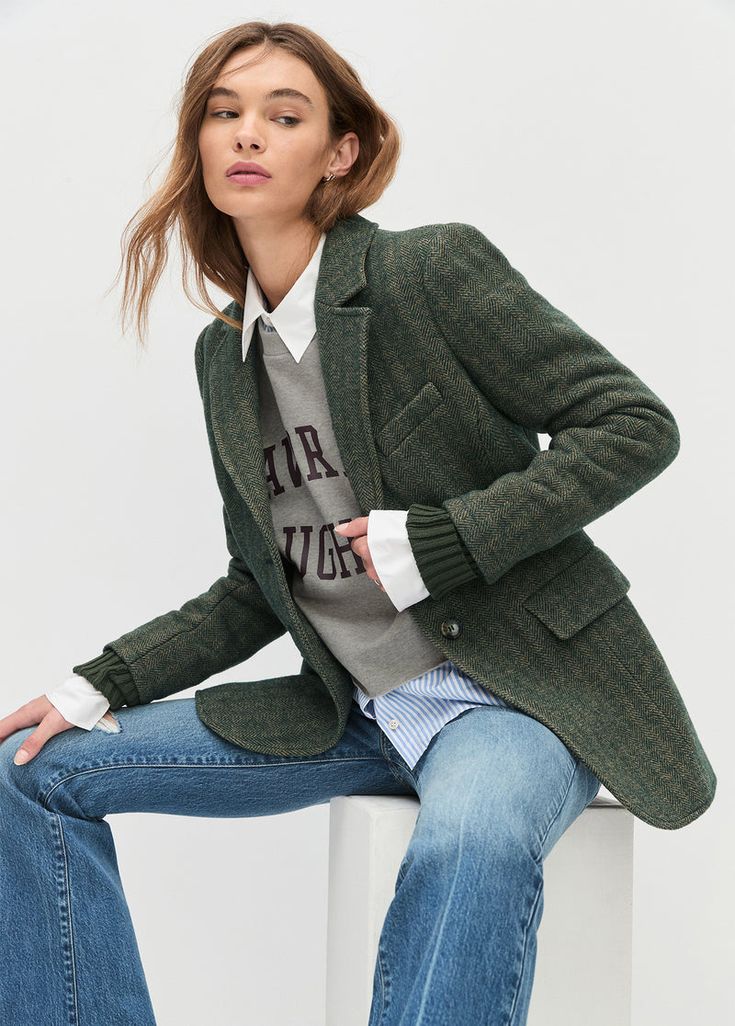 20 Casual Blazer Outfits That Make Everyday Style Look Instantly Chic - 2. Green Herringbone Blazer Over Soft Layers 1