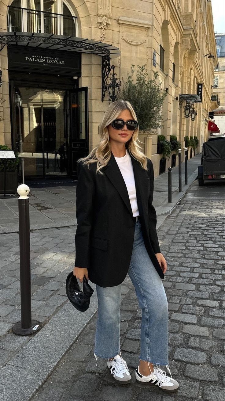 20 Casual Blazer Outfits That Make Everyday Style Look Instantly Chic - 4. Black Blazer, White Tee, and Clean Sneakers 1