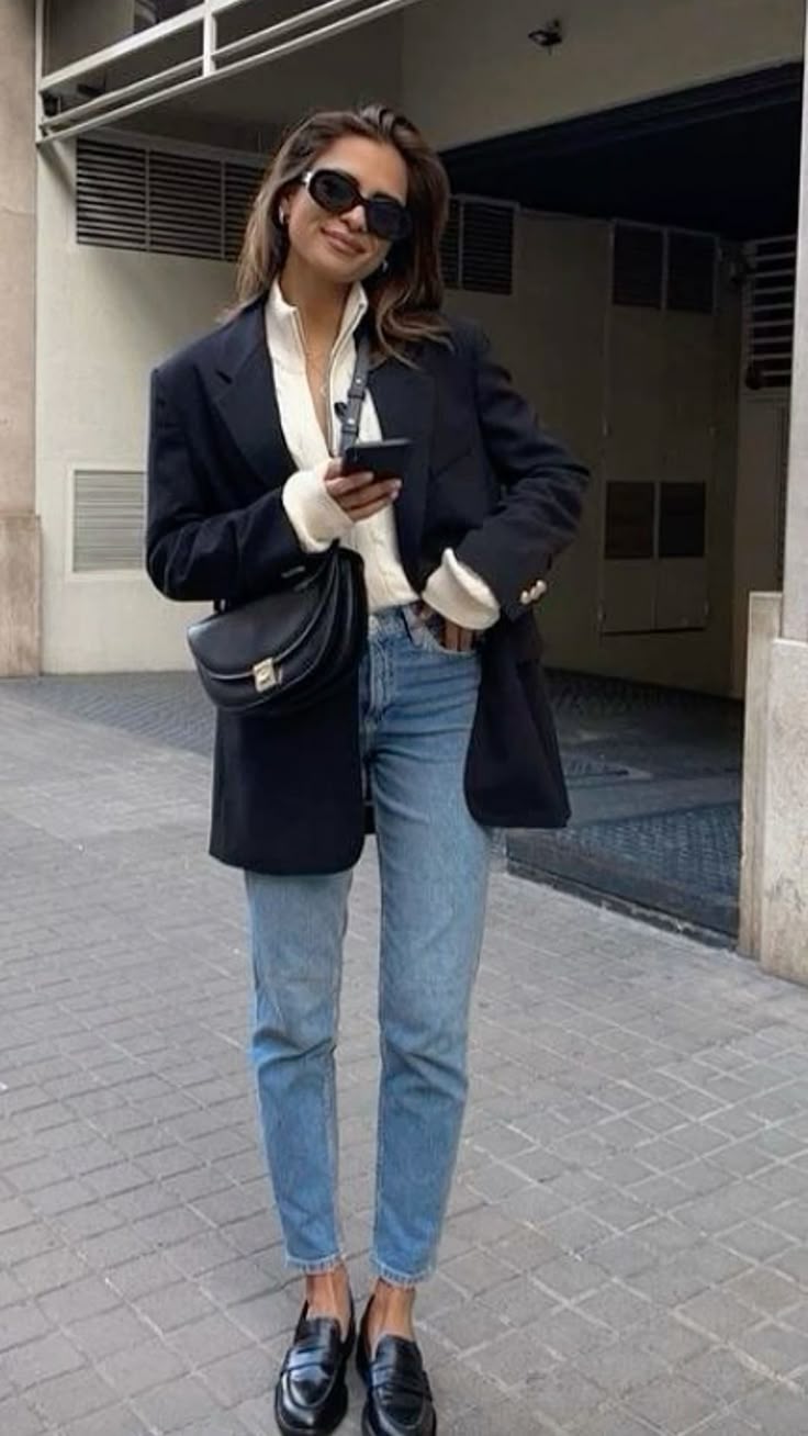 20 Casual Blazer Outfits That Make Everyday Style Look Instantly Chic - 5. Navy Blazer with a White Shirt and Loafers 1