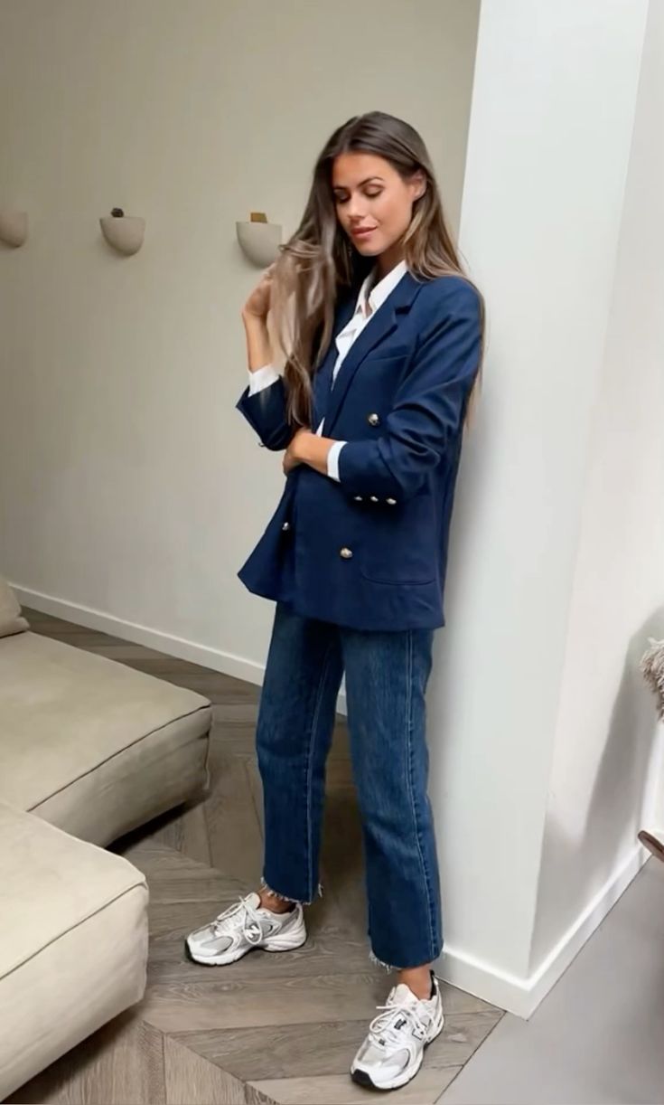 20 Casual Blazer Outfits That Make Everyday Style Look Instantly Chic - 6. Double-Breasted Navy Blazer and White Sneakers 1