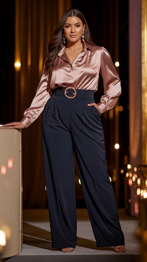 20 Chic Plus Size Evening Outfits That Look Expensive Without Breaking the Bank - 1. Satin Blouse, Wide-Leg Trousers, and a Statement Belt 1