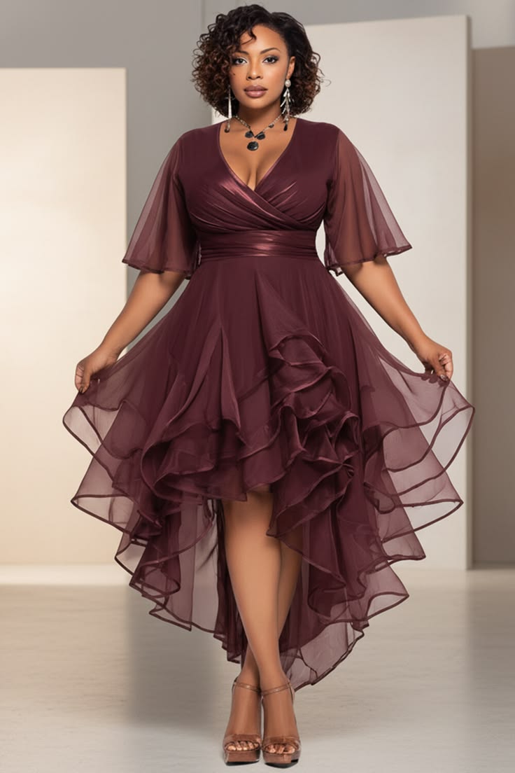 20 Chic Plus Size Evening Outfits That Look Expensive Without Breaking the Bank - 7. Burgundy Wrap Dress with Cascading Ruffles 1