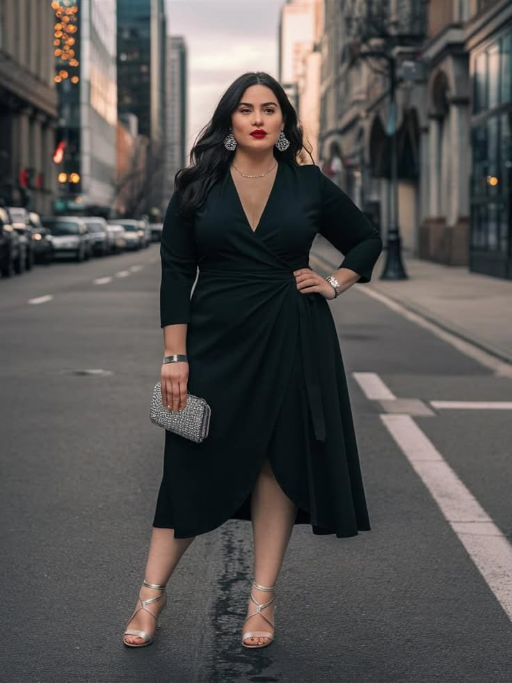 20 Chic Plus Size Evening Outfits That Look Expensive Without Breaking the Bank - 9. The City-Chic Black Wrap Midi 1