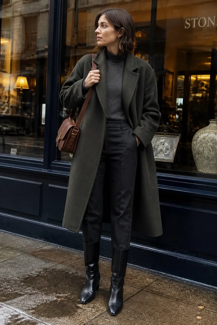 20 Chic Rainy Day Outfits That Make Bad Weather Look Surprisingly Stylish - 17. Charcoal Coat and Sleek Trouser Boots 1