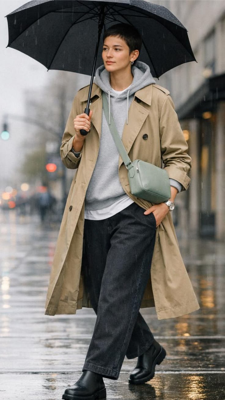 20 Chic Rainy Day Outfits That Make Bad Weather Look Surprisingly Stylish - 18. Trench, Hoodie, and Mint Crossbody 1