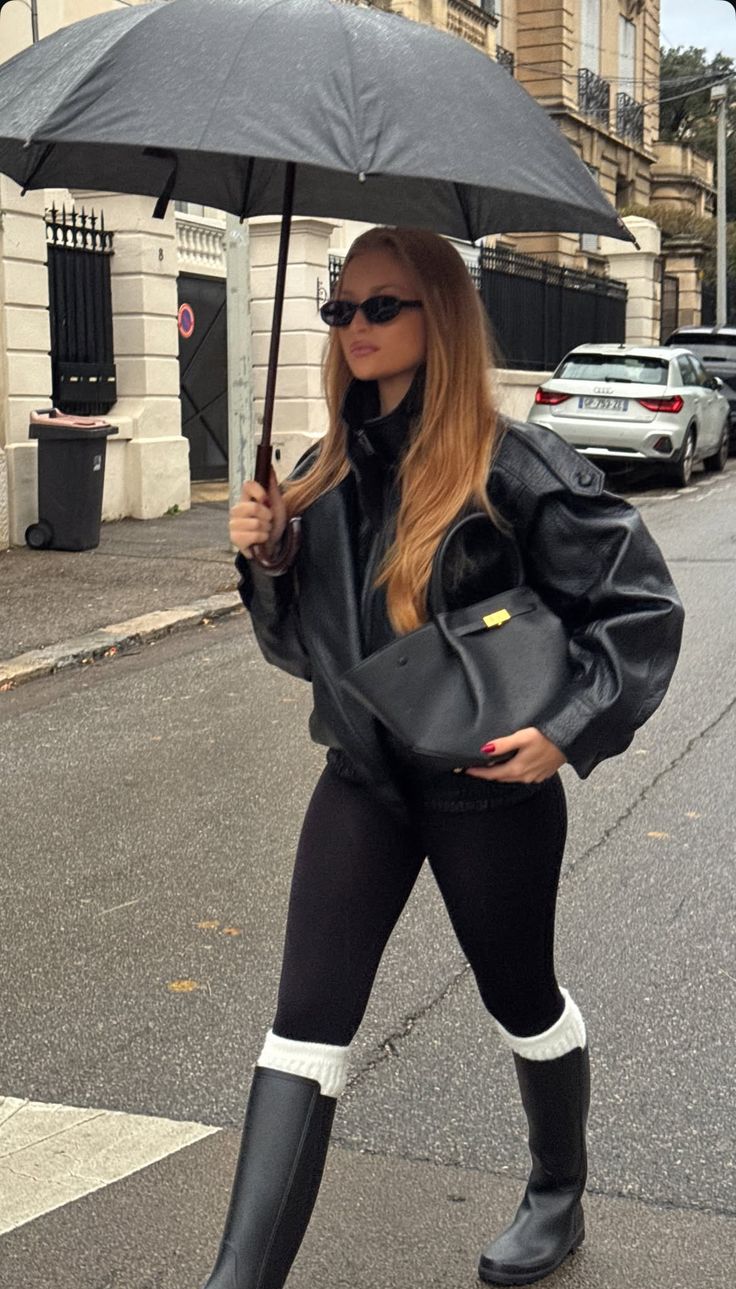 20 Chic Rainy Day Outfits That Make Bad Weather Look Surprisingly Stylish - 3. Black Leather with Rain-Ready Boots 1