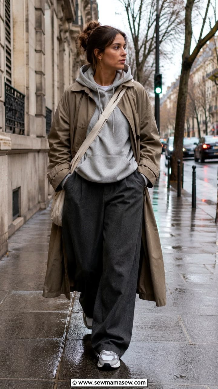 20 Chic Rainy Day Outfits That Make Bad Weather Look Surprisingly Stylish - 4. Hoodie, Trench, and Wide-Leg Ease 1