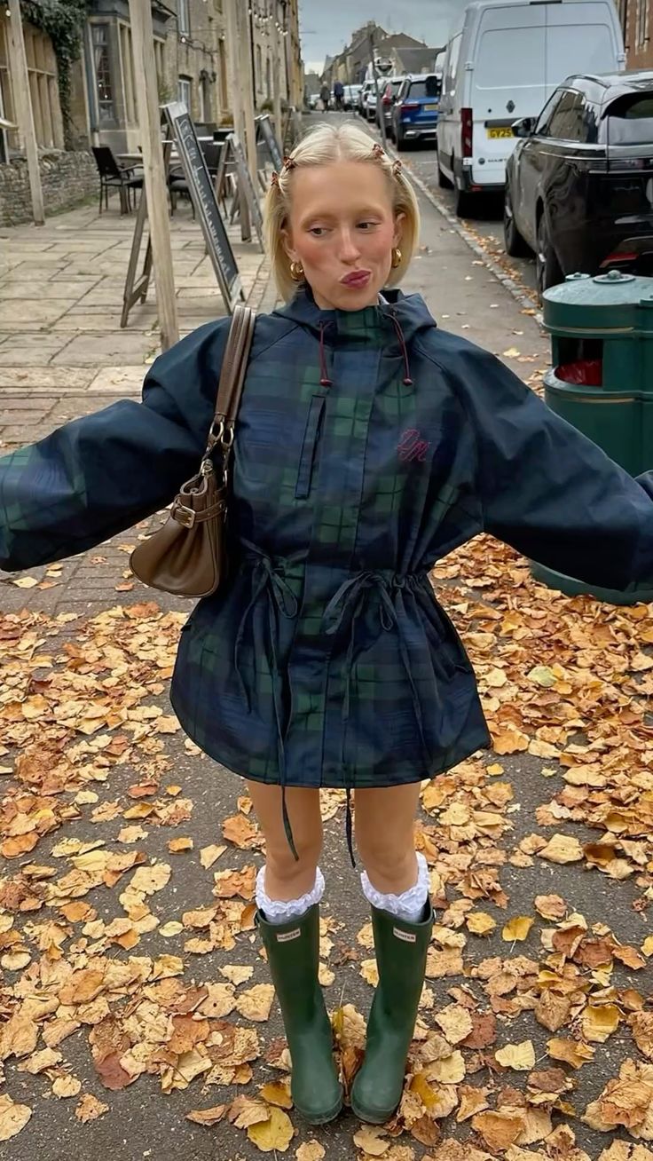 20 Chic Rainy Day Outfits That Make Bad Weather Look Surprisingly Stylish - 5. Plaid Rain Anorak and Green Wellies 1