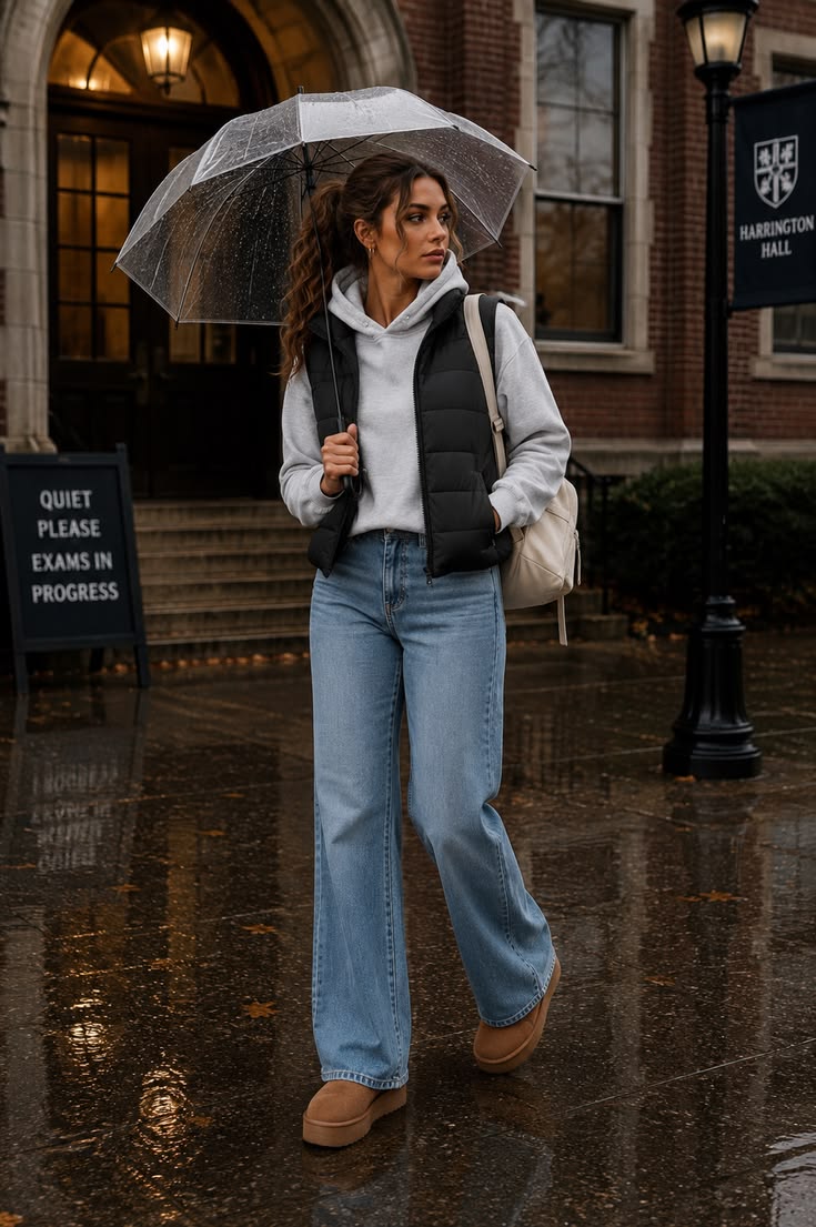 20 Chic Rainy Day Outfits That Make Bad Weather Look Surprisingly Stylish - 7. Puffer Vest and Soft Denim 1