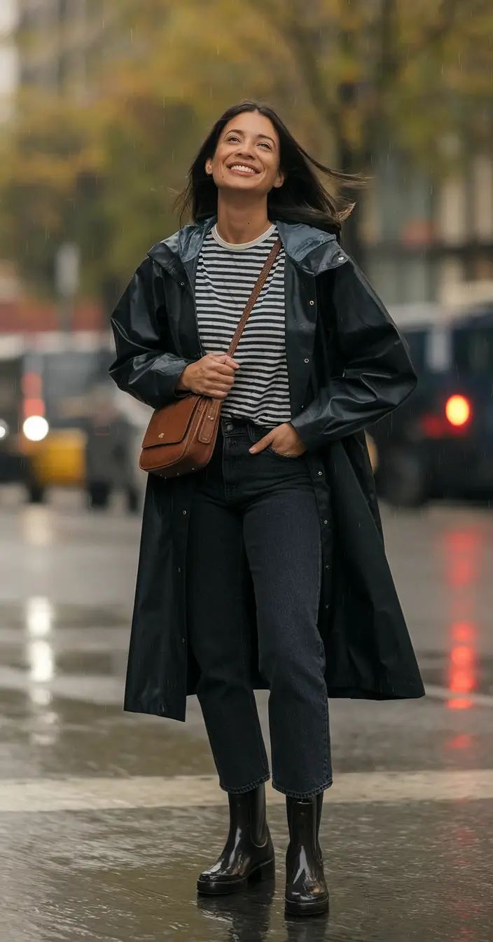 20 Chic Rainy Day Outfits That Make Bad Weather Look Surprisingly Stylish - 9. Stripes and Shiny Rain Boots 1