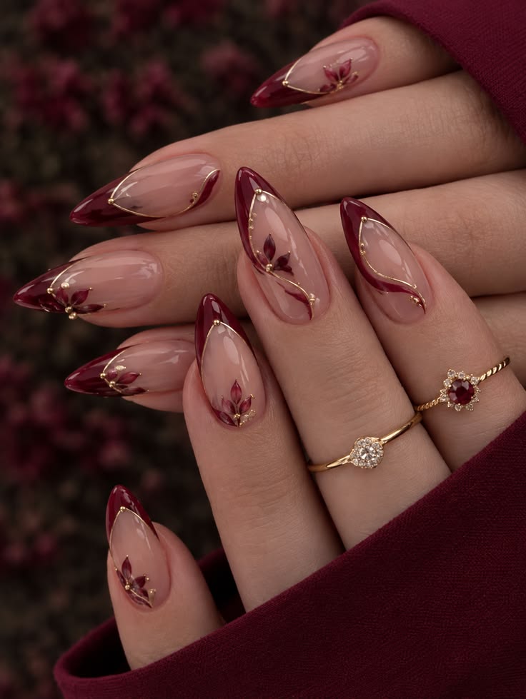 20 Classy Acrylic Nails That Look Like Quiet Luxury (You’ll Want to Copy #12!) - 10. Burgundy Botanical Details on Clear Pink 1
