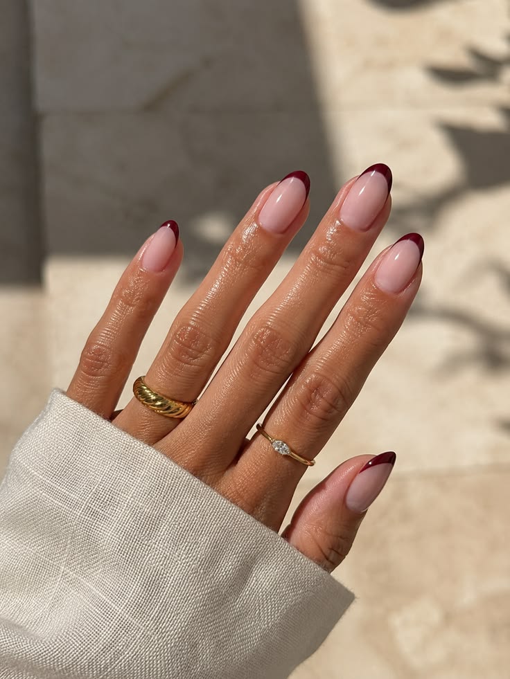 20 Classy Acrylic Nails That Look Like Quiet Luxury (You’ll Want to Copy #12!) - 12. Burgundy Micro-French with Tiny Gold Leaves 1