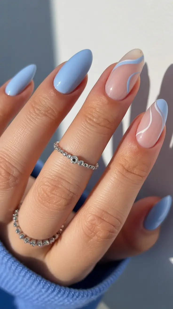 20 Classy Acrylic Nails That Look Like Quiet Luxury (You’ll Want to Copy #12!) - 14. Powder-Blue Waves on a Blush Base 1