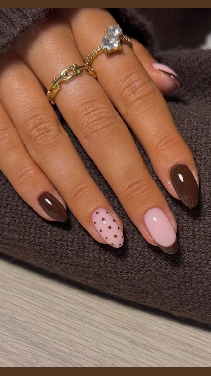 20 Classy Acrylic Nails That Look Like Quiet Luxury (You’ll Want to Copy #12!) - 15. Chocolate, Blush, and Tiny Dot Mix 1