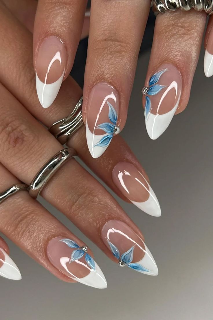 20 Classy Acrylic Nails That Look Like Quiet Luxury (You’ll Want to Copy #12!) - 16. Blue Floral French with Silver Pinpoints 1
