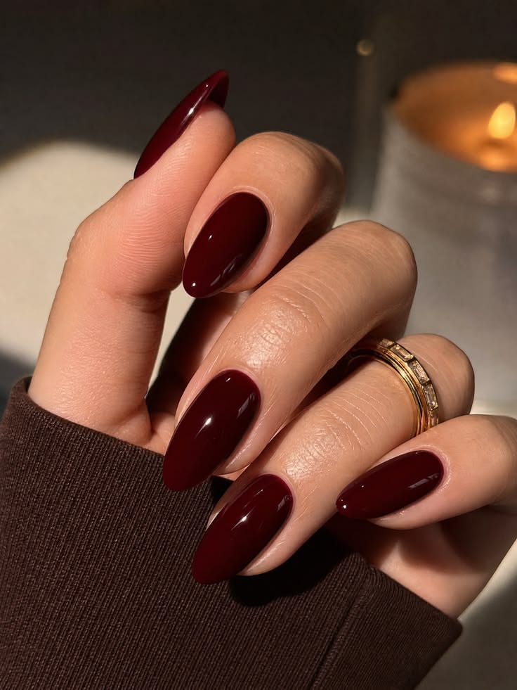 20 Classy Acrylic Nails That Look Like Quiet Luxury (You’ll Want to Copy #12!) - 5. Glossy Oxblood Almonds for Evening Richness 1