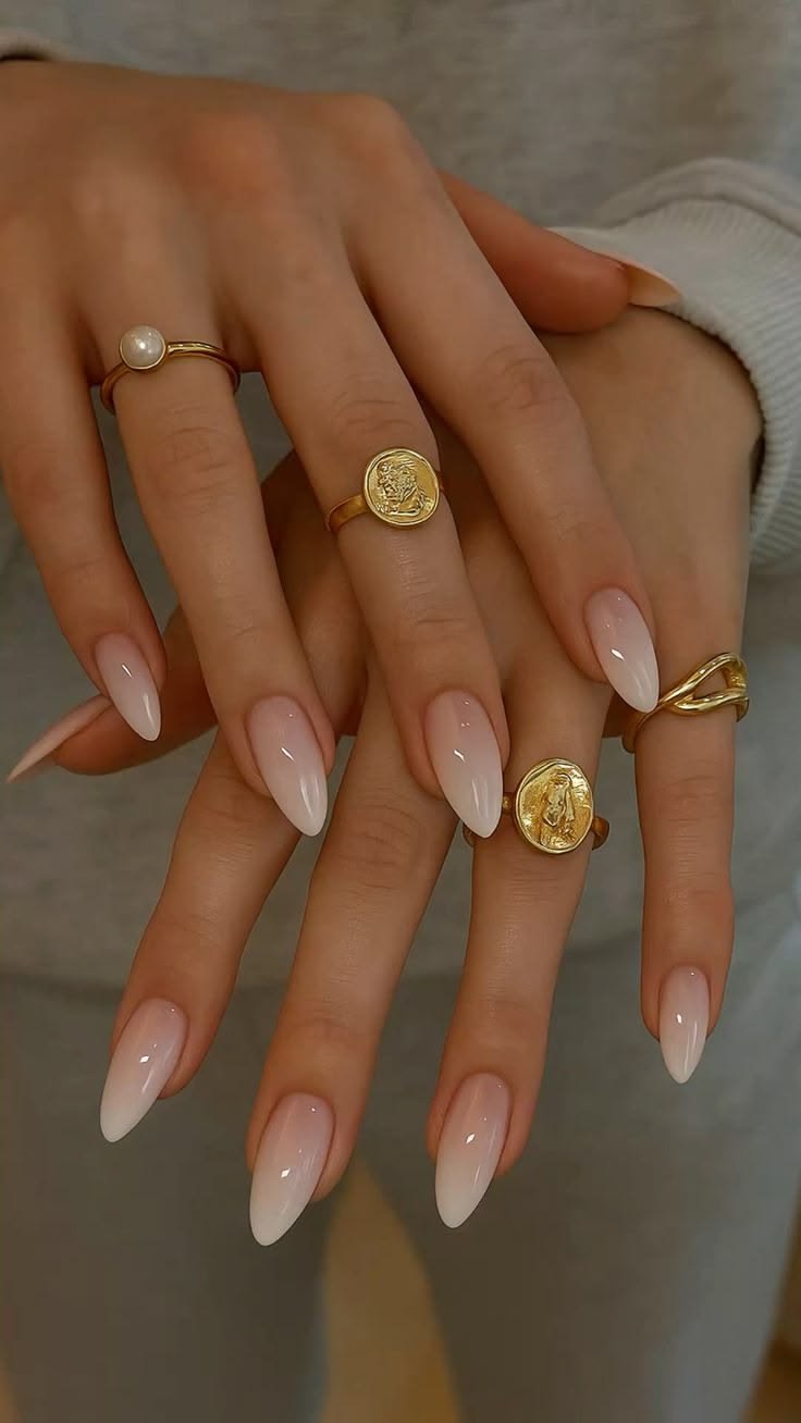 20 Classy Acrylic Nails That Look Like Quiet Luxury (You’ll Want to Copy #12!) - 7. Milky Blush Almonds with Gold-Jewelry Energy 1