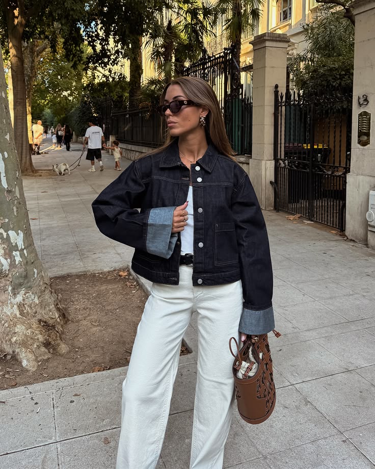 20 Denim Jacket Outfits That Make Any Look Instantly Cooler (You’ll Want to Copy #7!) - 13. Black Denim, White Jeans, and a Pop of Leather 1