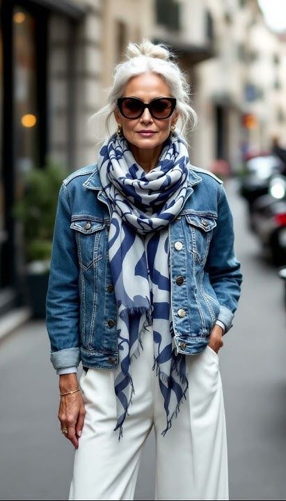 20 Denim Jacket Outfits That Make Any Look Instantly Cooler (You’ll Want to Copy #7!) - 14. A Statement Scarf Makes Classic Denim Feel New 1