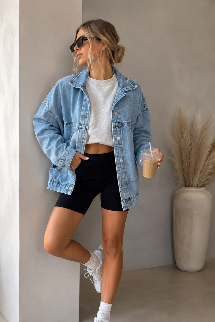 20 Denim Jacket Outfits That Make Any Look Instantly Cooler (You’ll Want to Copy #7!) - 15. The Light Jacket and Biker Shorts Coffee Run 1