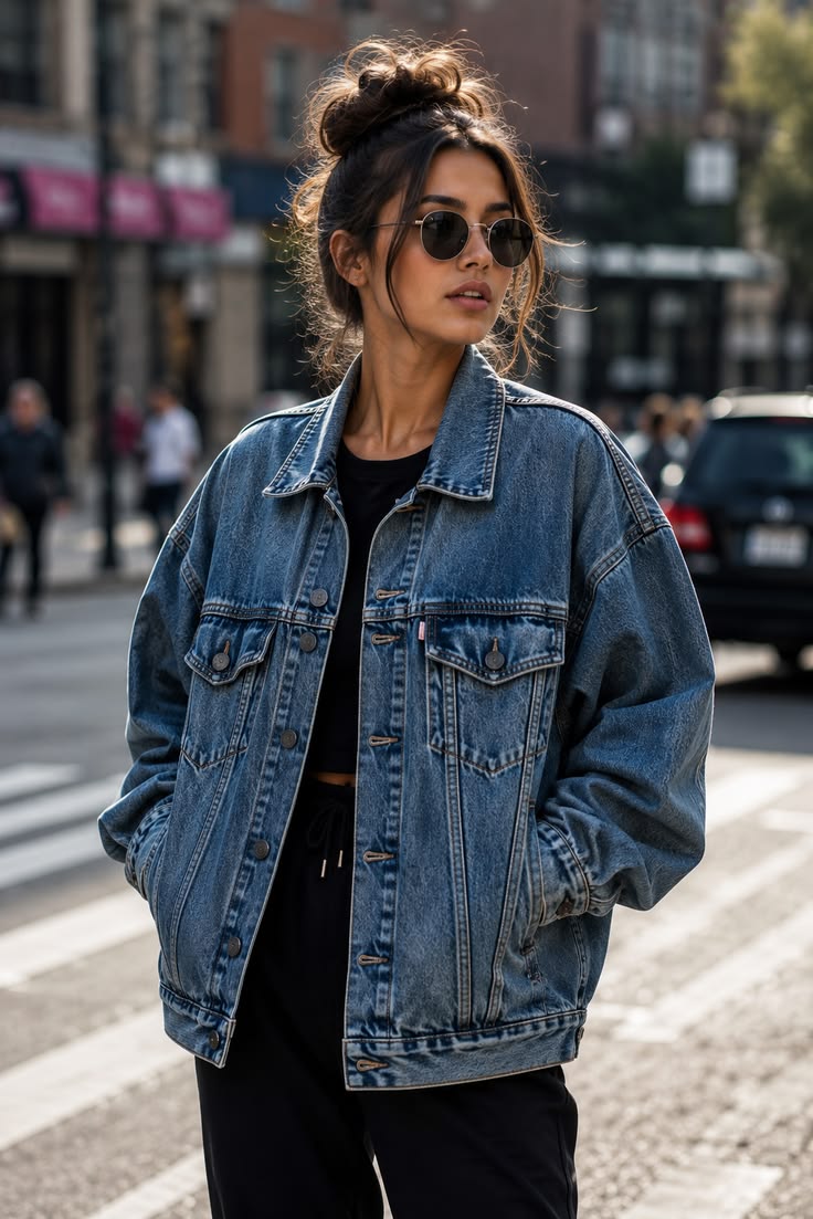 20 Denim Jacket Outfits That Make Any Look Instantly Cooler (You’ll Want to Copy #7!) - 2. The Oversized Blue Jacket with Sporty Black Basics 1