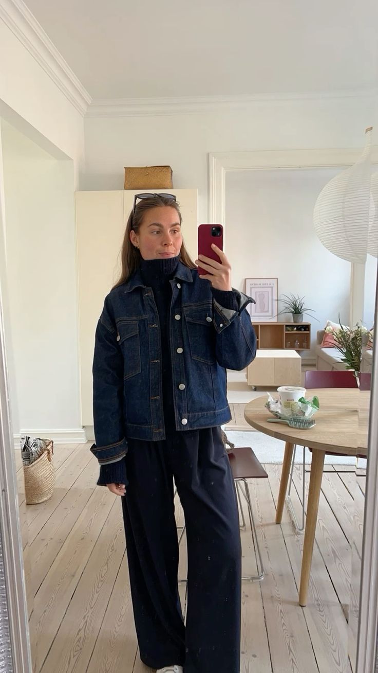 20 Denim Jacket Outfits That Make Any Look Instantly Cooler (You’ll Want to Copy #7!) - 3. Deep Denim and a Cozy Turtleneck for Chilly Days 1