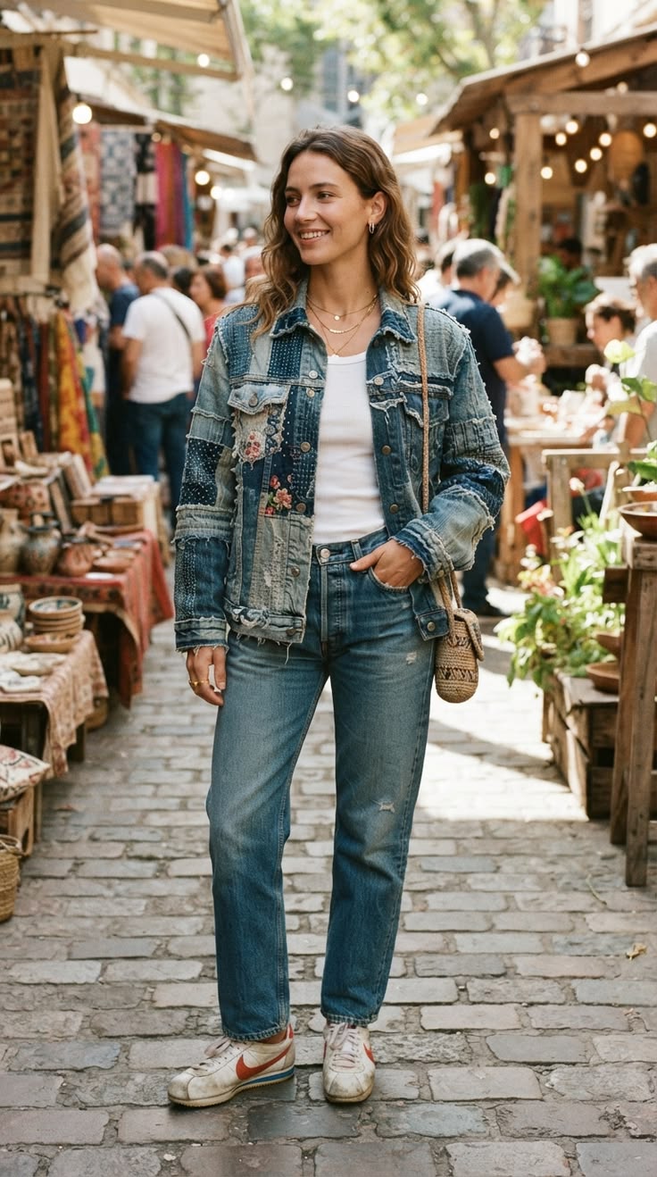 20 Denim Jacket Outfits That Make Any Look Instantly Cooler (You’ll Want to Copy #7!) - 4. Patchwork Denim Meets Market-Day Color 1