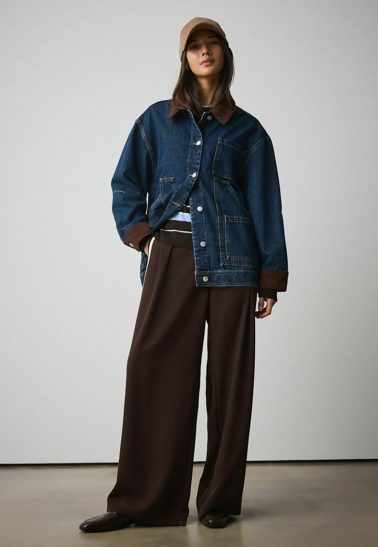 20 Denim Jacket Outfits That Make Any Look Instantly Cooler (You’ll Want to Copy #7!) - 7. Indigo Denim, Brown Trousers, and the Coolest Cap 1