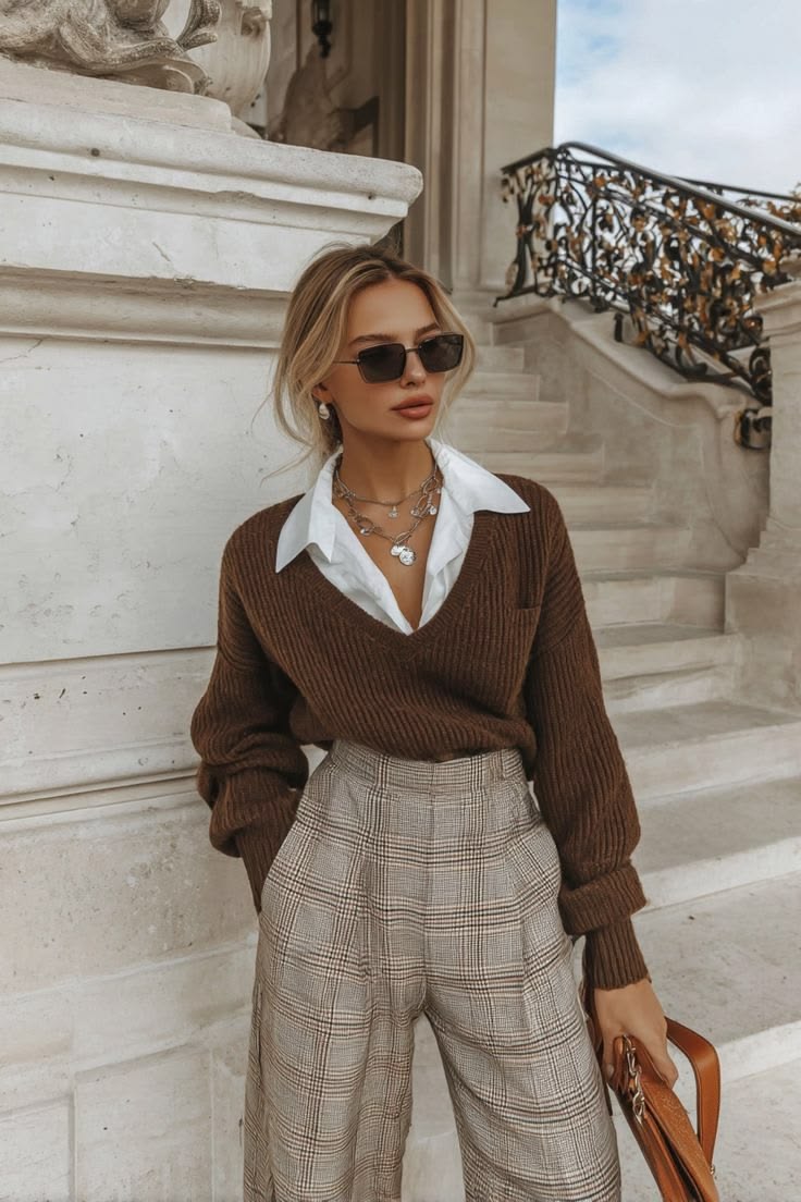 20 Elegant Fall Evening Wear Looks That Will Have Everyone Asking Where You Shop - 12. Cable-Knit Sweater with Tailored Plaid Trousers 1