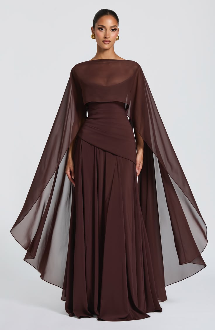 20 Elegant Fall Evening Wear Looks That Will Have Everyone Asking Where You Shop - 18. The Sheer Cape-Sleeve Brown Evening Gown 1