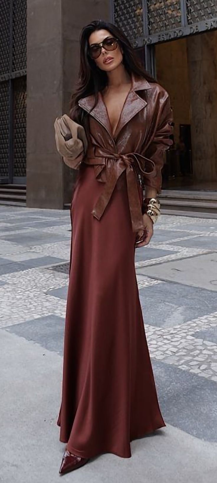 20 Elegant Fall Evening Wear Looks That Will Have Everyone Asking Where You Shop - 2. Burgundy Satin Drama with a Leather Wrap Coat 1