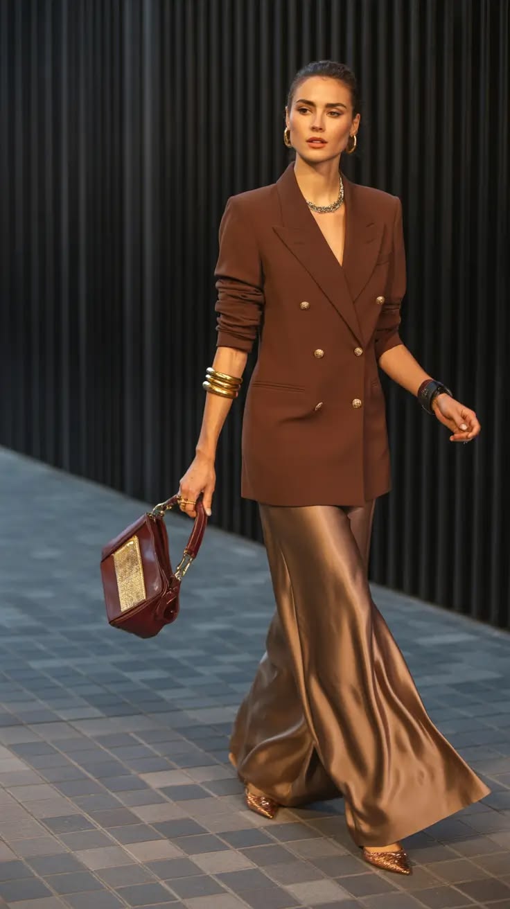 20 Elegant Fall Evening Wear Looks That Will Have Everyone Asking Where You Shop - 4. Chocolate Tailoring with a Bronze Satin Skirt 1