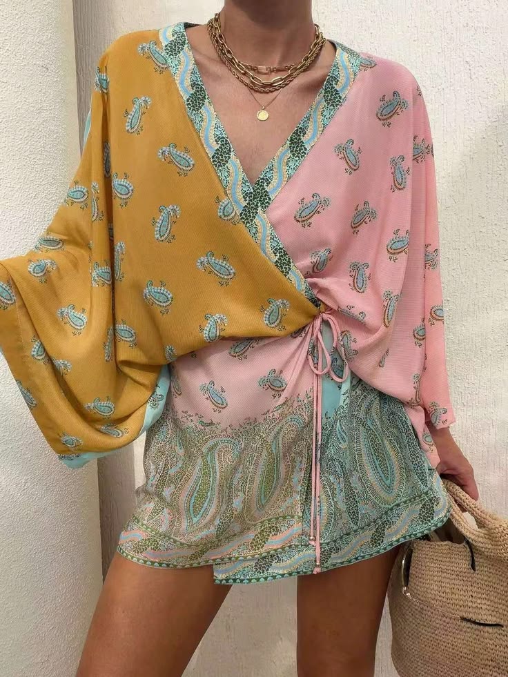 20 Elegant Kaftan Mini Dress Ideas for Parties, Dates, and Nights Out (Prepare for Compliments!) - 1. The Sunset Paisley Wrap Kaftan 1