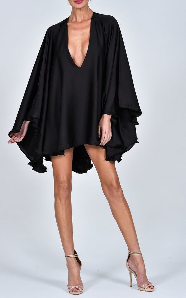 20 Elegant Kaftan Mini Dress Ideas for Parties, Dates, and Nights Out (Prepare for Compliments!) - 13. Black Deep-V Cape Drama 1