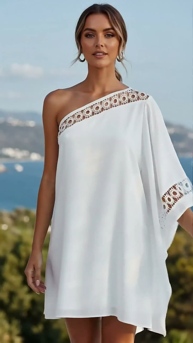 20 Elegant Kaftan Mini Dress Ideas for Parties, Dates, and Nights Out (Prepare for Compliments!) - 2. White One-Shoulder Lace Breeze 1