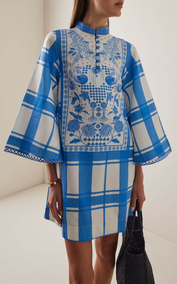 20 Elegant Kaftan Mini Dress Ideas for Parties, Dates, and Nights Out (Prepare for Compliments!) - 8. Blue Garden Check with Flared Sleeves 1