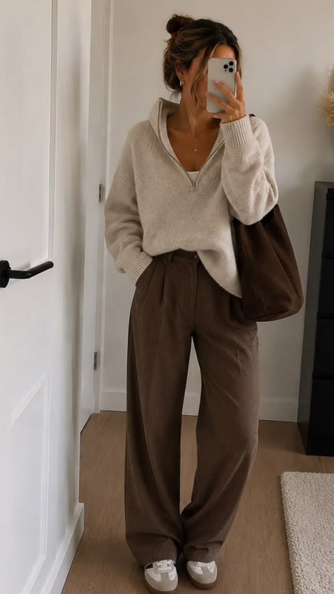 20 Fall Outfits for Hot Weather That Keep You Cool Without Losing Your Autumn Style - 1. The Soft Zip Sweater and Cocoa Trousers Look 1