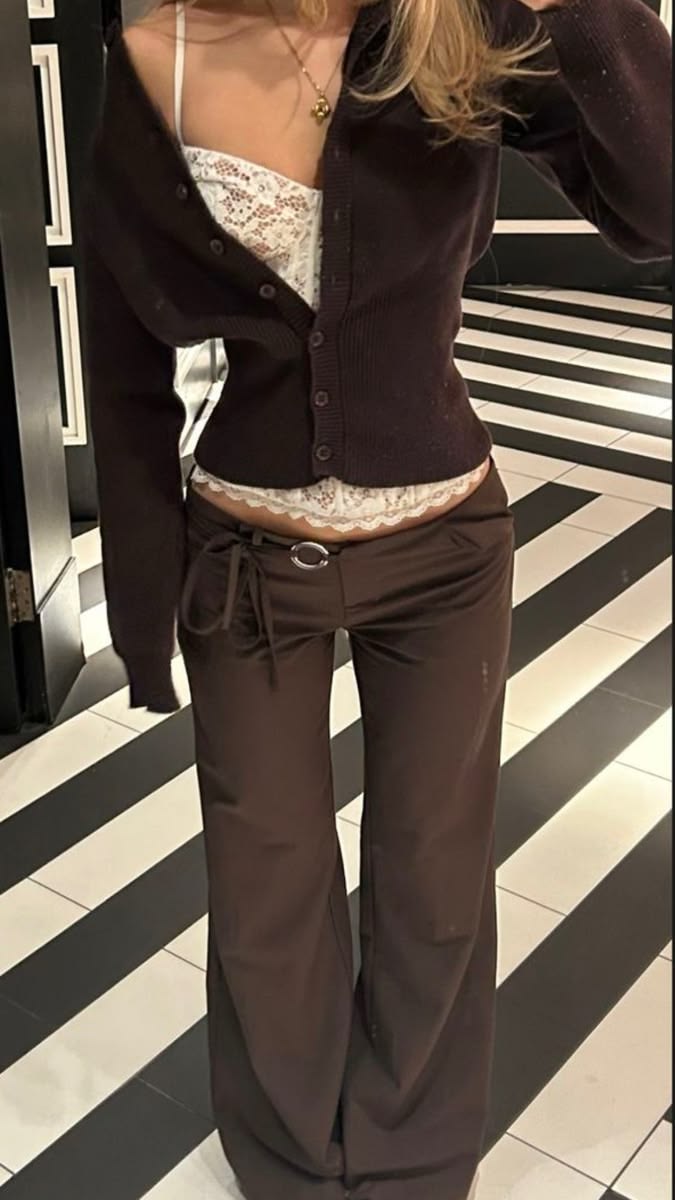 20 Fall Outfits for Hot Weather That Keep You Cool Without Losing Your Autumn Style - 10. Lace Trim, Chocolate Cardigan, and Relaxed Trousers 1