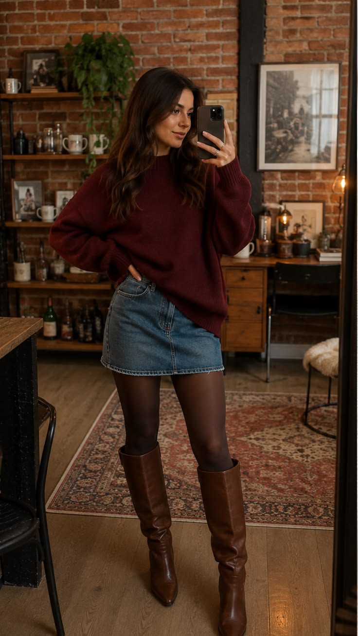 20 Fall Outfits for Hot Weather That Keep You Cool Without Losing Your Autumn Style - 15. Burgundy Sweater with Denim Skirt and Tights 1
