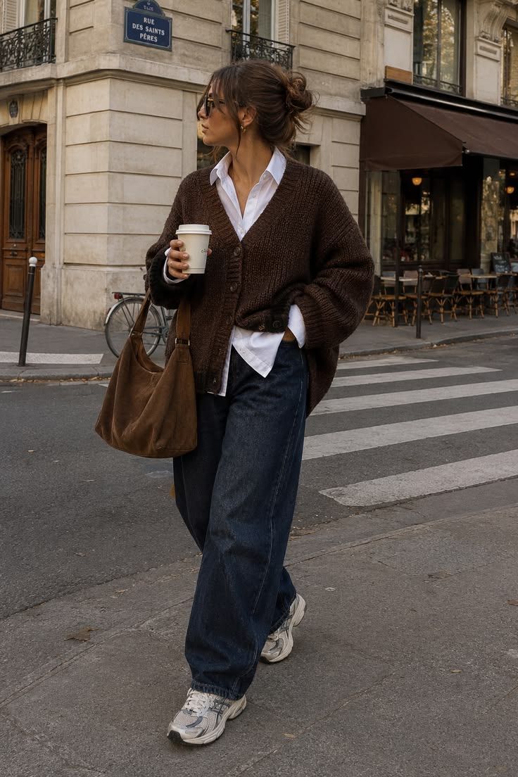 20 Fall Outfits for Hot Weather That Keep You Cool Without Losing Your Autumn Style - 17. Brown Cardigan, White Button-Up, and Dark Denim 1
