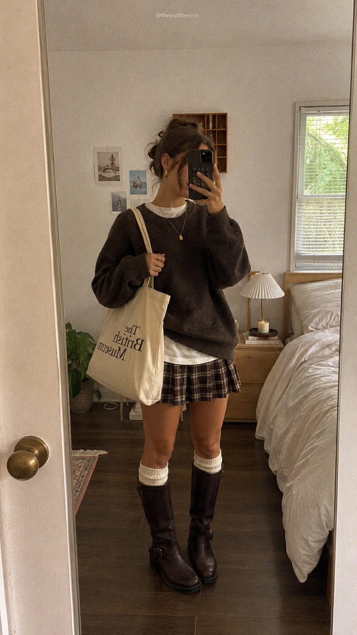 20 Fall Outfits for Hot Weather That Keep You Cool Without Losing Your Autumn Style - 18. Brown Sweater, Plaid Mini, and Knee-High Boots 1