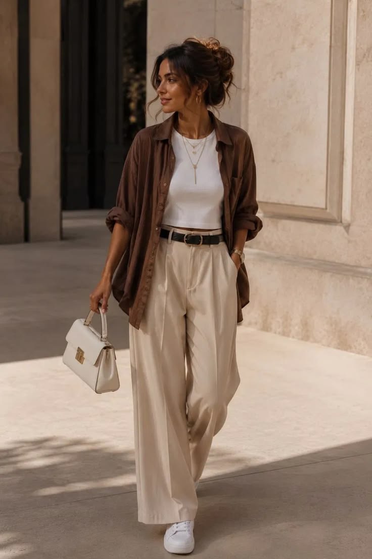 20 Fall Outfits for Hot Weather That Keep You Cool Without Losing Your Autumn Style - 3. The Open Chocolate Shirt and Cream Trousers Formula 1