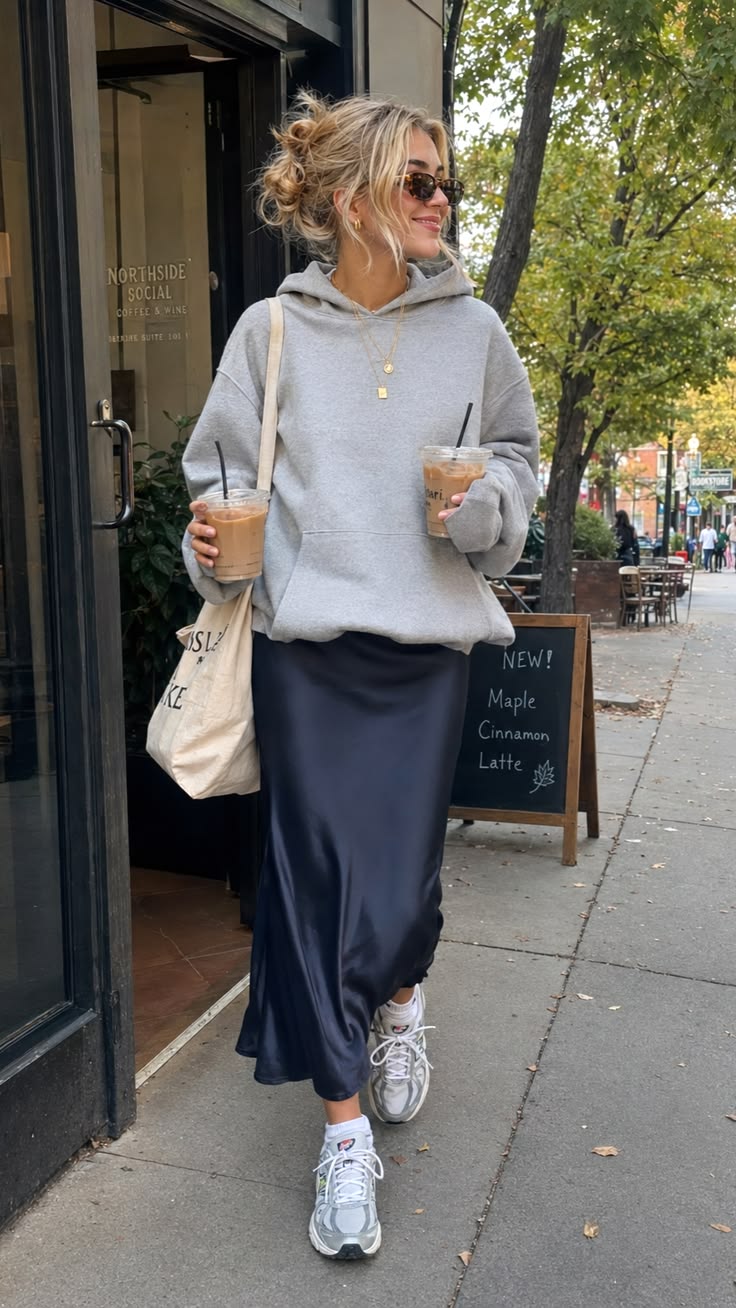 20 Fall Outfits for Hot Weather That Keep You Cool Without Losing Your Autumn Style - 4. Gray Hoodie with a Satin Midi Skirt 1