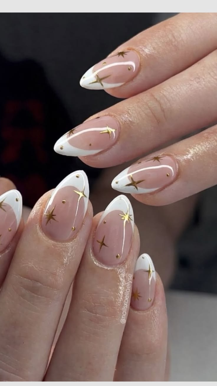 20 Glamorous Hoco Nails That Will Make Your Homecoming Look Unforgettable (#20 Is Stunning!) - 10. White Tips With Golden Starbursts 1