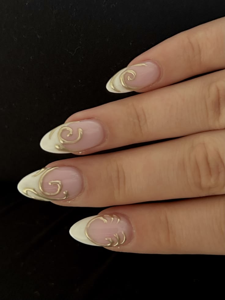 20 Glamorous Hoco Nails That Will Make Your Homecoming Look Unforgettable (#20 Is Stunning!) - 13. Golden Scrollwork Over Milky French Tips 1
