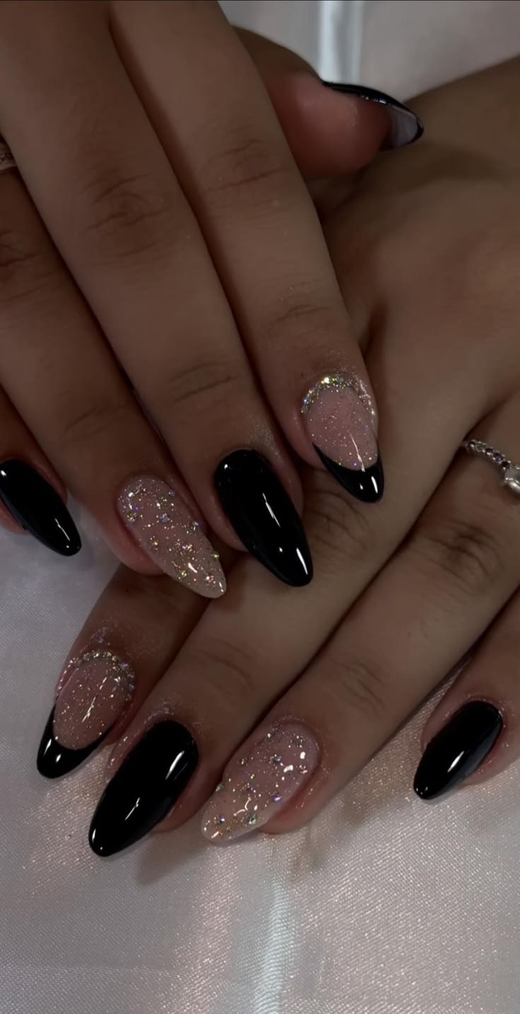 20 Glamorous Hoco Nails That Will Make Your Homecoming Look Unforgettable (#20 Is Stunning!) - 15. Black Gloss and Confetti Glitter 1