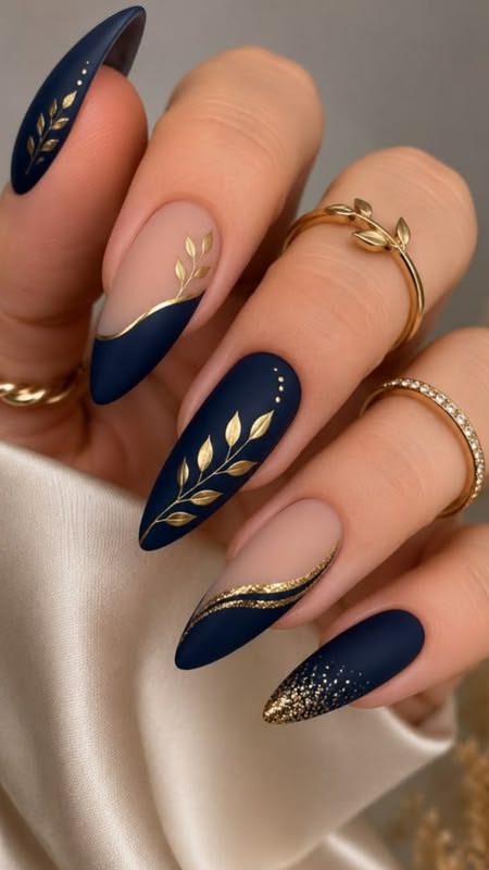 20 Glamorous Hoco Nails That Will Make Your Homecoming Look Unforgettable (#20 Is Stunning!) - 9. Midnight Navy With Golden Botanical Art 1